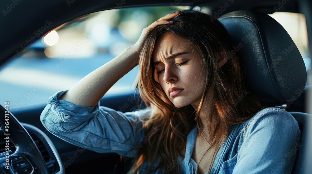 A tired woman is sitting in the driver's seat of her car, with one hand on her forehead, and has a stressed expression with her eyes closed. Her face shows the stress of driving A tired woman is sitting in the driver's seat of her car, with one hand on her forehead, and has a stressed expression with her eyes closed. Her face shows the stress of driving