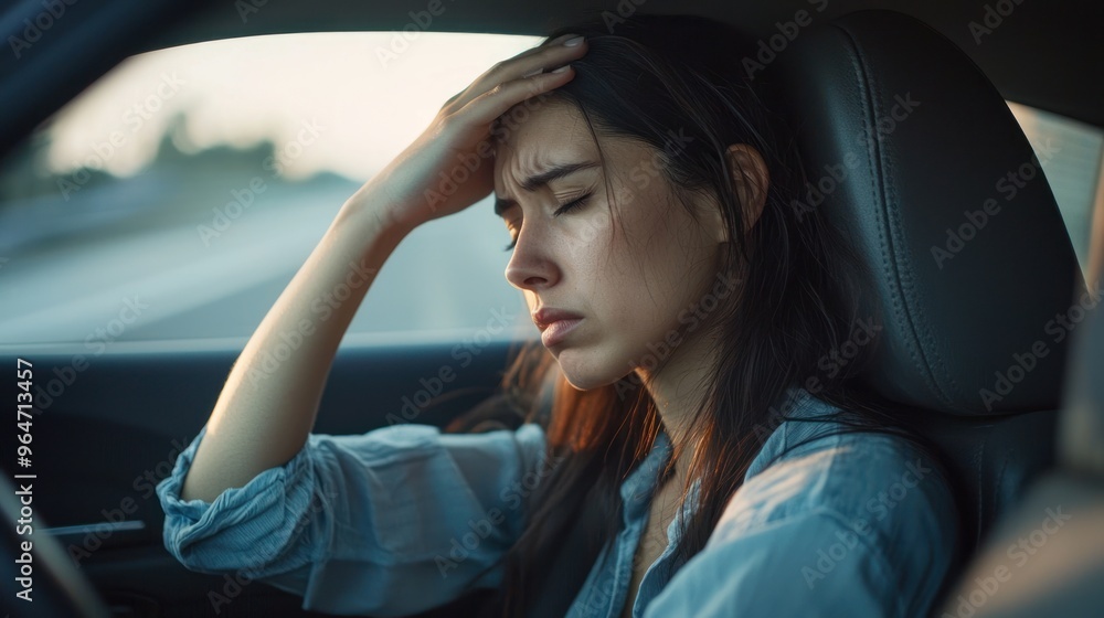 A tired woman is sitting in the driver's seat of her car, with one hand on her forehead, and has a stressed expression with her eyes closed. Her face shows the stress of driving A tired woman is sitting in the driver's seat of her car, with one hand on her forehead, and has a stressed expression with her eyes closed. Her face shows the stress of driving