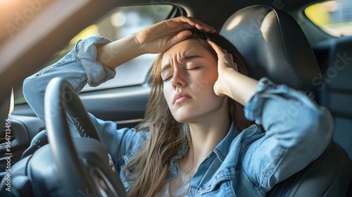 A tired woman is sitting in the driver's seat of her car, with one hand on her forehead, and has a stressed expression with her eyes closed. Her face shows the stress of driving