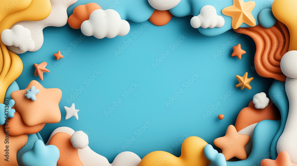 Colorful abstract background with 3D clouds and stars in a playful cartoon style. The scene features a blue sky with orange, yellow, white, and blue elements, forming a creative frame. Colorful abstract background with 3D clouds and stars in a playful cartoon style. The scene features a blue sky with orange, yellow, white, and blue elements, forming a creative frame.