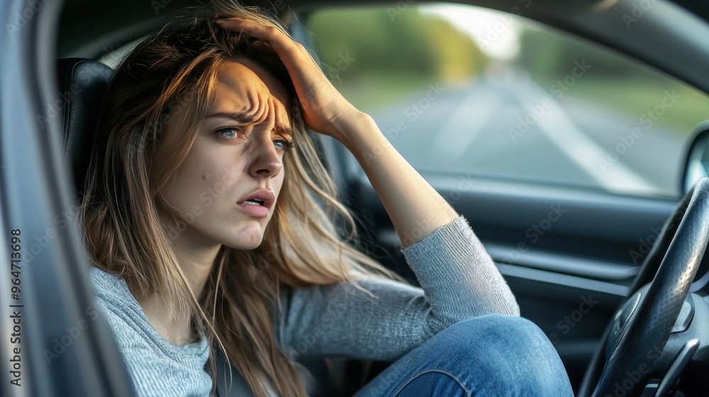 A tired woman is sitting in the driver's seat of her car, with one hand on her forehead, and has a stressed expression with her eyes closed. Her face shows the stress of driving A tired woman is sitting in the driver's seat of her car, with one hand on her forehead, and has a stressed expression with her eyes closed. Her face shows the stress of driving