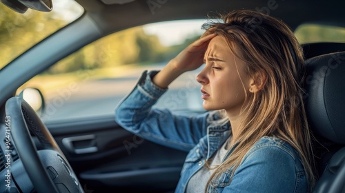 A tired woman is sitting in the driver's seat of her car, with one hand on her forehead, and has a stressed expression with her eyes closed. Her face shows the stress of driving