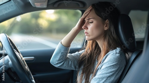 A tired woman is sitting in the driver's seat of her car, with one hand on her forehead, and has a stressed expression with her eyes closed. Her face shows the stress of driving