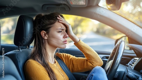 A tired woman is sitting in the driver's seat of her car, with one hand on her forehead, and has a stressed expression with her eyes closed. Her face shows the stress of driving