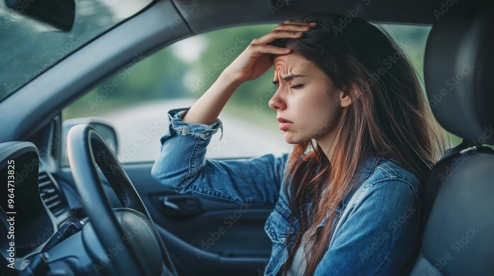A tired woman is sitting in the driver's seat of her car, with one hand on her forehead, and has a stressed expression with her eyes closed. Her face shows the stress of driving A tired woman is sitting in the driver's seat of her car, with one hand on her forehead, and has a stressed expression with her eyes closed. Her face shows the stress of driving