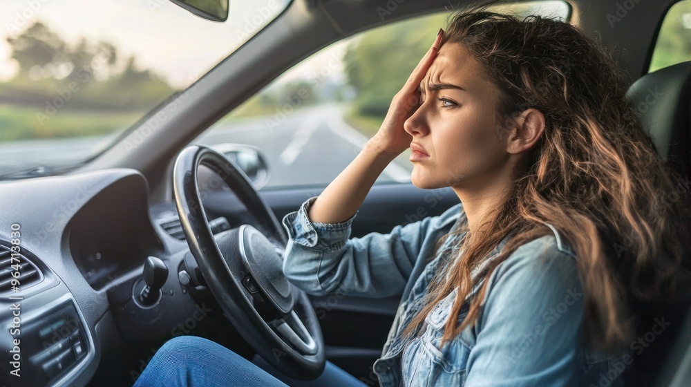 A tired woman is sitting in the driver's seat of her car, with one hand on her forehead, and has a stressed expression with her eyes closed. Her face shows the stress of driving A tired woman is sitting in the driver's seat of her car, with one hand on her forehead, and has a stressed expression with her eyes closed. Her face shows the stress of driving