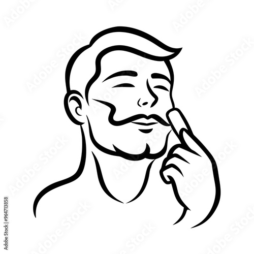 Stylish man icon with a mustache in a thoughtful pose, black and white, expressive character design
