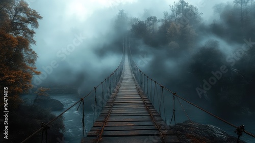 Misty ravine with an old, rickety bridge stretching across, the fog hiding the abyss below, cinematic style evoking themes of mystery and danger photo