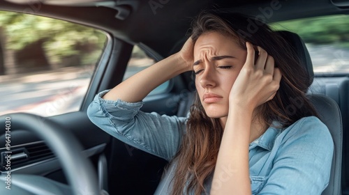 A tired woman is sitting in the driver's seat of her car, with one hand on her forehead, and has a stressed expression with her eyes closed. Her face shows the stress of driving