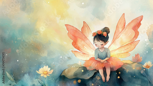 Little Fairy Sitting On Flower Watercolor Illustration For Childrens Book Adorable Character On Blooming Flower Colorful Garden Scene Enchanted Floral Setting Kids Storybook