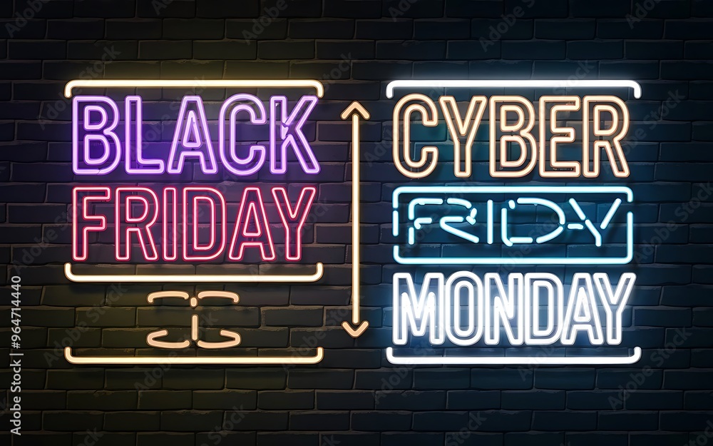 Obraz premium Neon Sign Style Black Friday & Cyber Monday Promotion on Dark Brick Wall