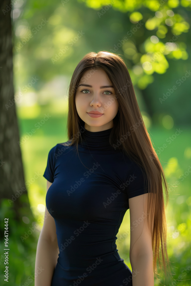 Fashionable young woman long straight dark brown hair wearing a navy blue dress standing in the park Fashionable young woman long straight dark brown hair wearing a navy blue dress standing in the park