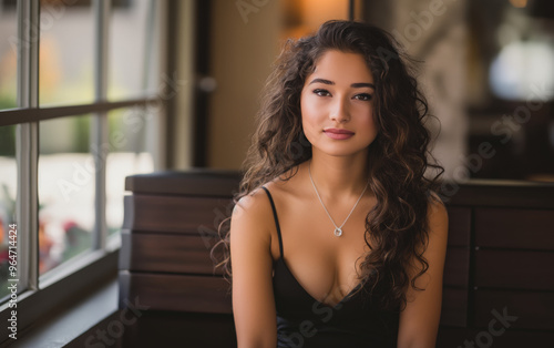 Elegant young woman with long curly hair, sitting in the corner of a modern building looking at the camera, posing for senior pictures. She is wearing a black dress and silver necklace.