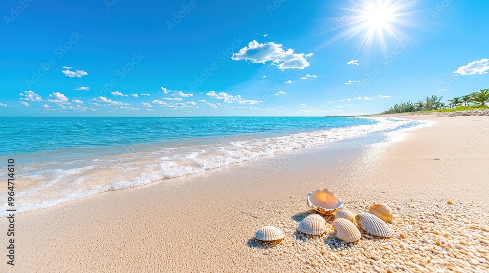 Tranquil Seashore: Scenic Beachscape with Scattered Seashells Hugging the Shoreline Tranquil Seashore: Scenic Beachscape with Scattered Seashells Hugging the Shoreline
