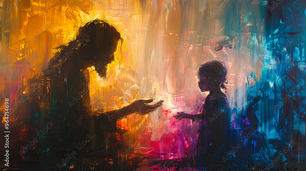 Abstract painting of adult and child in vibrant light
Abstract painting of adult and child in vibrant light