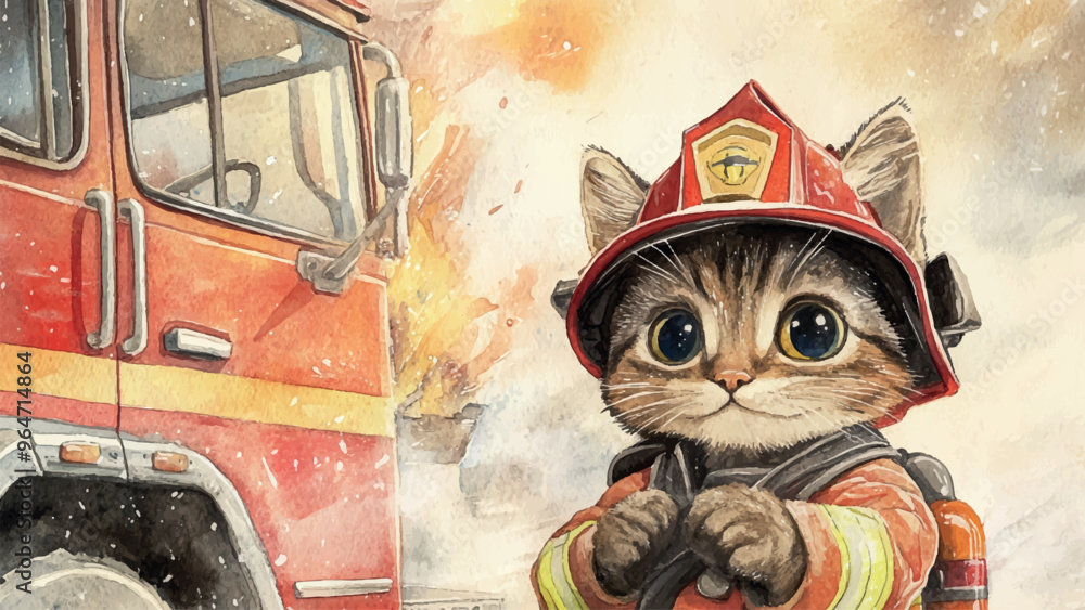 Obraz premium Little Firefighter Kitty In Front Of Fire Truck Watercolor Illustration For Childrens Book Adorable Kitten Character Wearing Firefighter Gear Fire Playful Firefighting Adventure