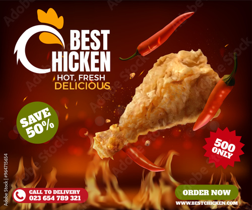 Spicy chicken. Hot fast food ad poster. Fire crispy nuggets with chili. 3D commercial advertising. Delicious meet. Delivery discount. Sale promotion. Takeaway product. Vector background