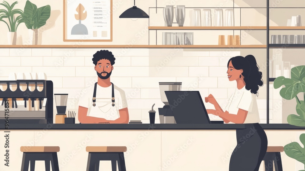 Seating area in a contemporary cafe with bar tables and seats in an industrial style with black steel, wood, and stone walls Seating area in a contemporary cafe with bar tables and seats in an industrial style with black steel, wood, and stone walls