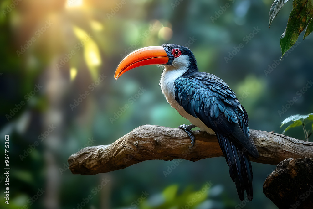 Obraz premium majestic redbilled hornbill perched on a gnarled branch vivid feathers and distinctive beak captured in photorealistic detail against a softfocus lush tropical background