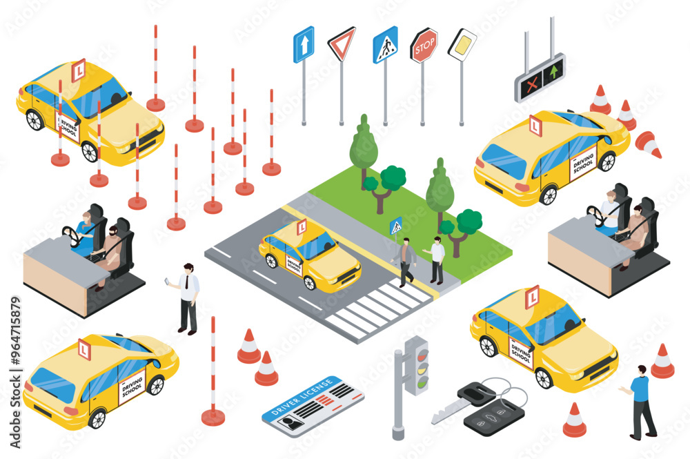 Driving school 3d isometric mega set in isometry graphic design ...