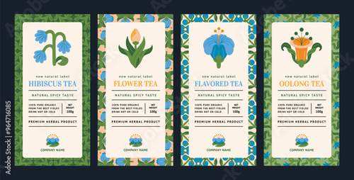 Tea label. Leaves pattern. Green herbal drink. Natural beverage logo. Organic hibiscus. Oolong and flower flavors. Floral background. Herb box. Vector package sticker templates set
