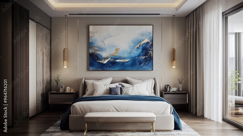 Minimalist bedroom featuring a large blue abstract painting, light beige and silver theme, calming colorscapes with marble and gold accents Minimalist bedroom featuring a large blue abstract painting, light beige and silver theme, calming colorscapes with marble and gold accents