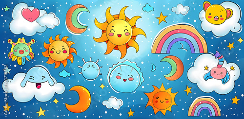 A cartoon set of clouds, suns, and moons, each with a smile or angry face. Hand drawn doodle sketches. Rainbow, wind, and tornado doodle characters.