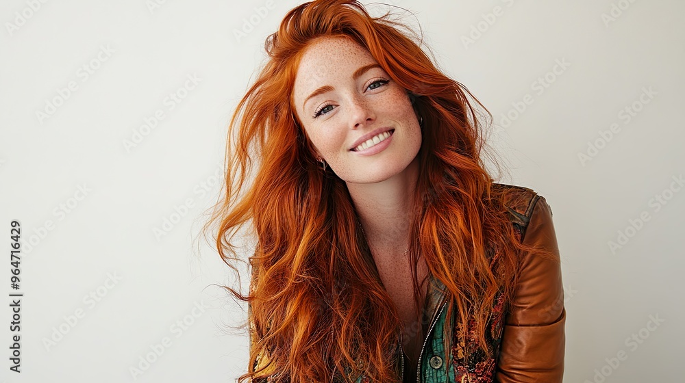 Smiling Redhead Woman in Colorful Patterned Jacket Smiling Redhead Woman in Colorful Patterned Jacket