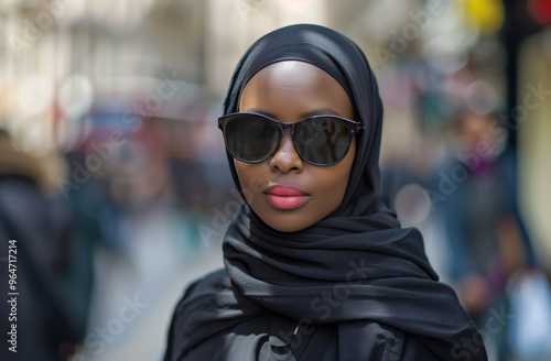 African or Arabian woman in her thirties, wearing a black hijab and stylish black sunglasses, with vibrant pink lips contrasting beautifully against her dark skin.