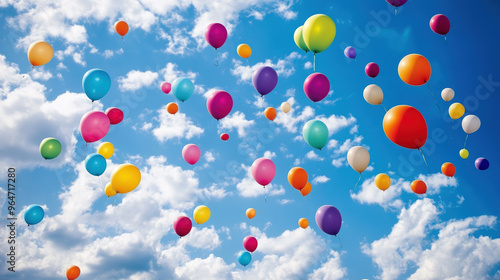 A bunch of colorful balloons are floating in the sky