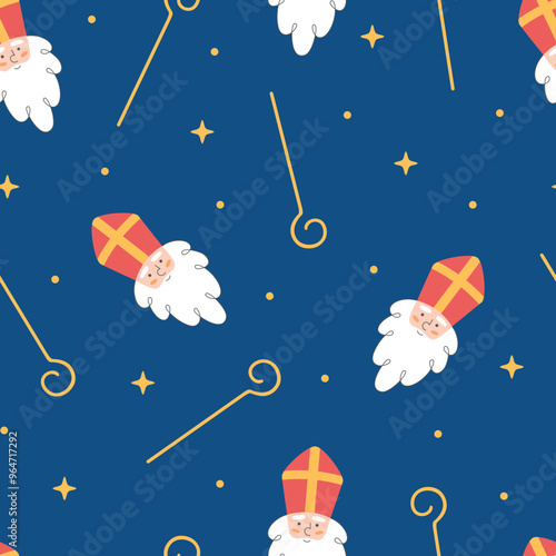 Seamless pattern with Sinterklaas or Saint Nicholas face and his staff on dark blue background. Hand drawn Christmas or winter holiday wallpaper. Saint Nicholas Day theme. Vector illustration.