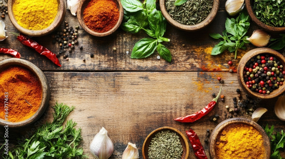 Food ingredients background. Herbs and spices on the table, ingredients for cooking food Food ingredients background. Herbs and spices on the table, ingredients for cooking food