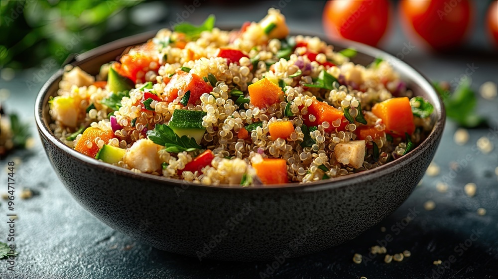 Bowl of quinoa salad with mixed vegetables and a sprinkle of seeds, nutrient-dense brain food, wholesome meal Bowl of quinoa salad with mixed vegetables and a sprinkle of seeds, nutrient-dense brain food, wholesome meal