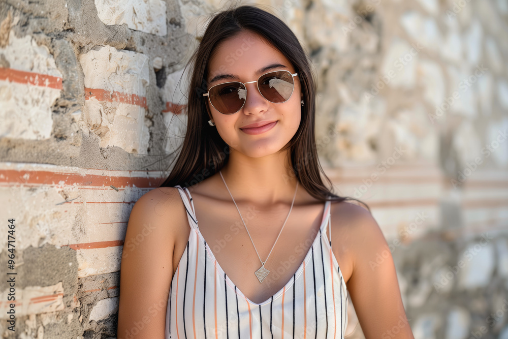 A woman wearing a striped tank top and sunglasses is smiling for the camera
