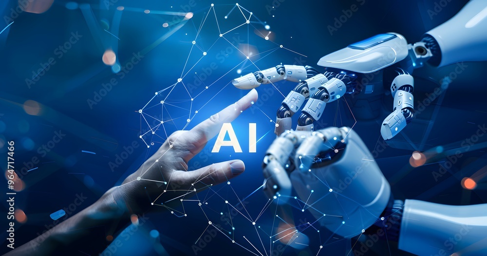 Fototapeta premium AI, Machine learning, Hands of robot and human touching on big data network connection background, Science and artificial intelligence technology, innovation and futuristic.