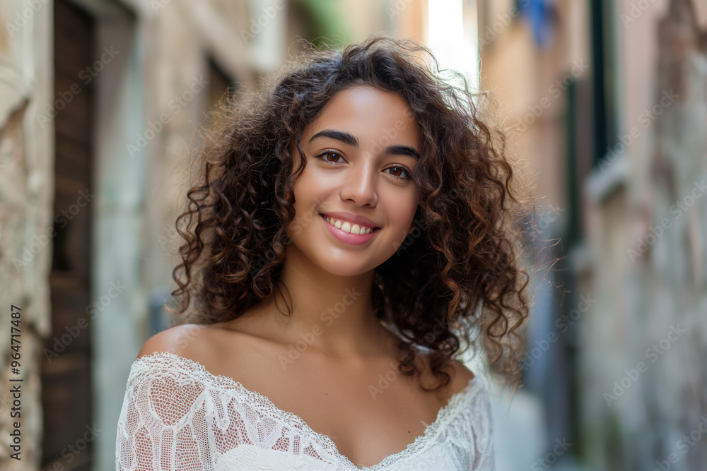 Fototapeta premium Lovely brunette woman with curly hair is smiling and wearing a white dress