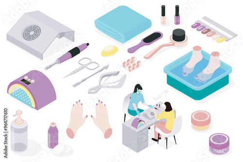 Manicure salon 3d isometric mega set in isometry graphic design. Collection elements of lamp, scissors, brush, towel, nail polish, color samples, hands, manicurist, other tools. Vector illustration.