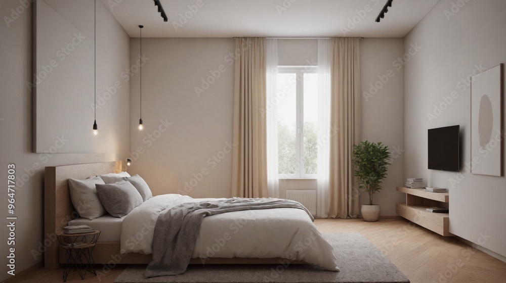 A master bedroom interior design image with empty poster frame on the wall interior design image. A master bedroom interior design image with empty poster frame on the wall interior design image.