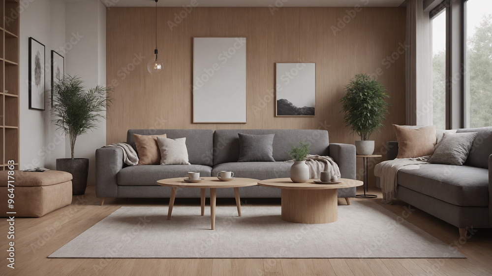 Empty photo frame in the living room wall with designer grey colour sofa and other accessories. Empty photo frame in the living room wall with designer grey colour sofa and other accessories.