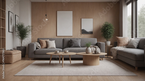 Empty photo frame in the living room wall with designer grey colour sofa and other accessories.