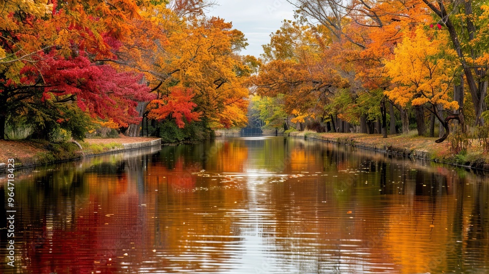Serene Autumn Landscape with Vibrant Foliage Reflecting in Calm River Waters Serene Autumn Landscape with Vibrant Foliage Reflecting in Calm River Waters