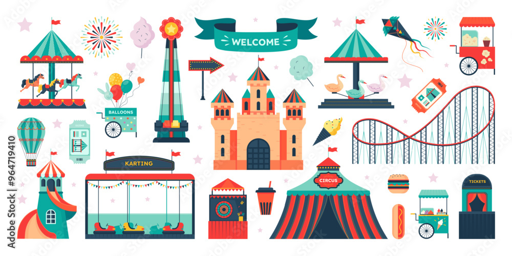 Obraz premium Carnival park. Circus carousel on fair. Funfair tent and rollercoaster. Kid tickets and tent on attractions. Ferris wheel. Merry-go-round and popcorn cart. Vector fairground elements set