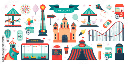 Carnival park. Circus carousel on fair. Funfair tent and rollercoaster. Kid tickets and tent on attractions. Ferris wheel. Merry-go-round and popcorn cart. Vector fairground elements set