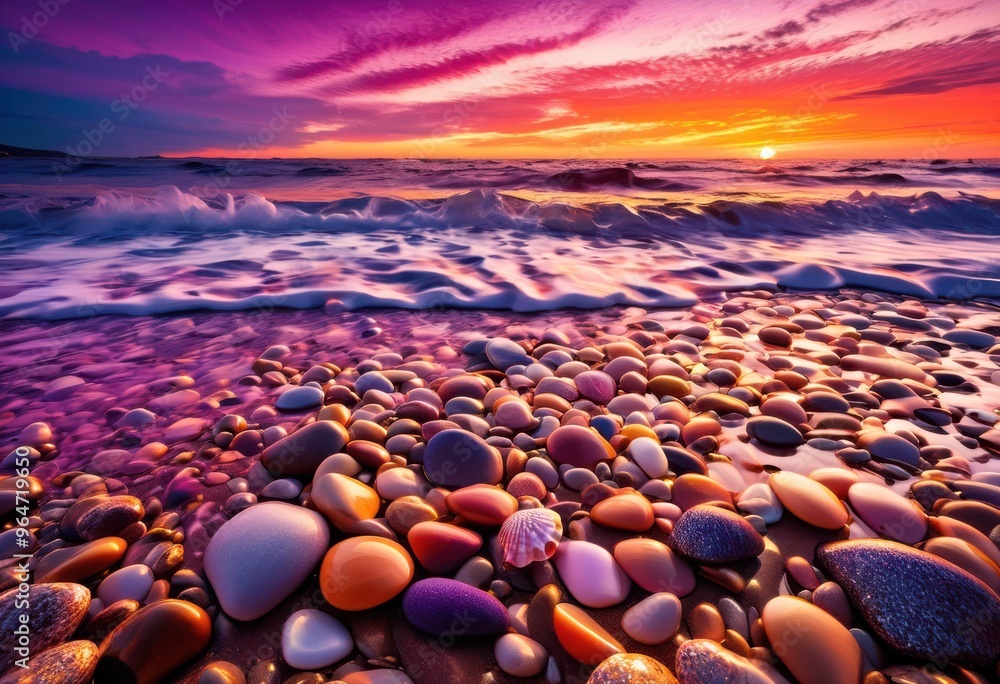 Obraz premium vibrant coastal sunset dynamic wave patterns reflecting colorful sky, beach, ocean, waves, horizon, reflection, light, scenery, nature, tropical, seascape