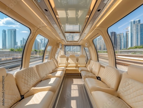 Sleek Electric Train Interior with Beige Leather Seats and City Views