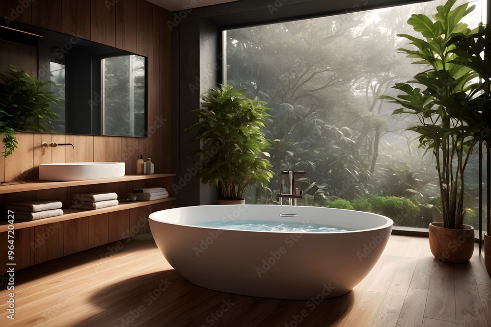 Fototapeta premium Modern bathroom interior with wooden decor in eco style. AI generated.