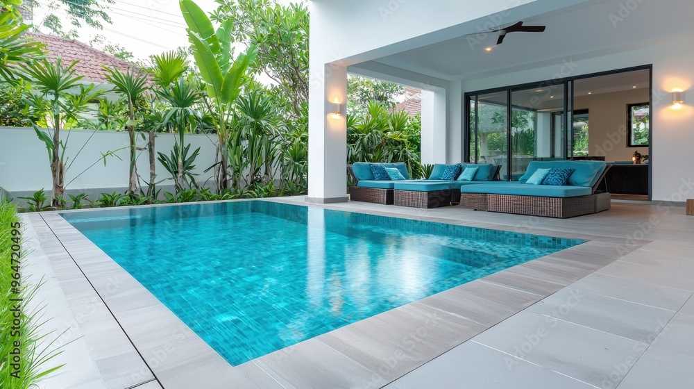 Obraz premium Vibrant Tropical Paradise: Luxurious Poolside Villa with Chic Party Decor and Relaxing Lounge Area