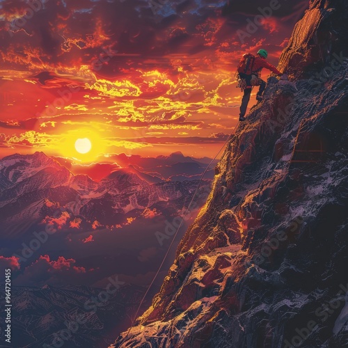 man climbing a mountain with the sunset in the background, the image needs to bring something related to challenge, AI Generative photo