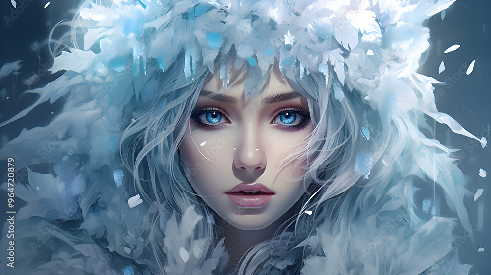 An ethereal portrait of a young lady with mesmerizing blue eyes, adorned in winter attire amidst an enchanting fairyland, capturing the serene beauty and magical allure of the scene.