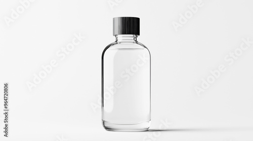 Transparent bottle with black cap on white background. Minimalist, clean design suitable for beverages, cosmetics, or laboratory use. Centered, isolated product shot.